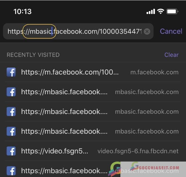 Thay đổi thành mbasic trước dòng facebook.com ảnh chụp màn hình