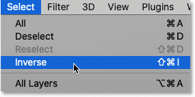 Chọn Inverse từ menu Select trong Photoshop.