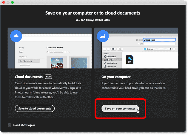 Hộp thoại Lưu trên máy tính của bạn hoặc vào tài liệu đám mây trong Photoshop