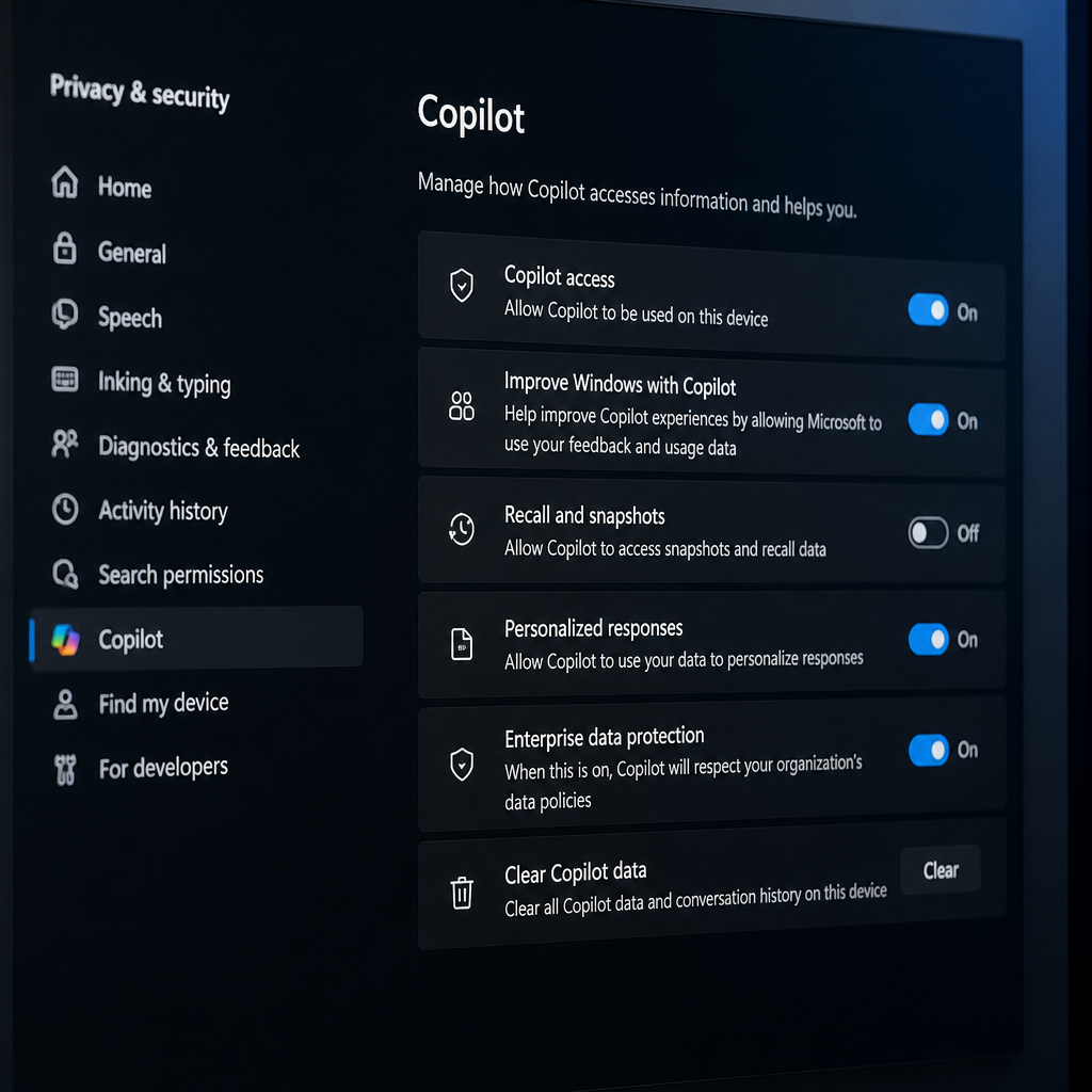 Giao diện cài đặt quyền riêng tư trên Windows 12 với tính năng Copilot AI, thể hiện các tùy chọn để bảo vệ dữ liệu cá nhân 2026 và kiểm soát quyền riêng tư Windows 2026.