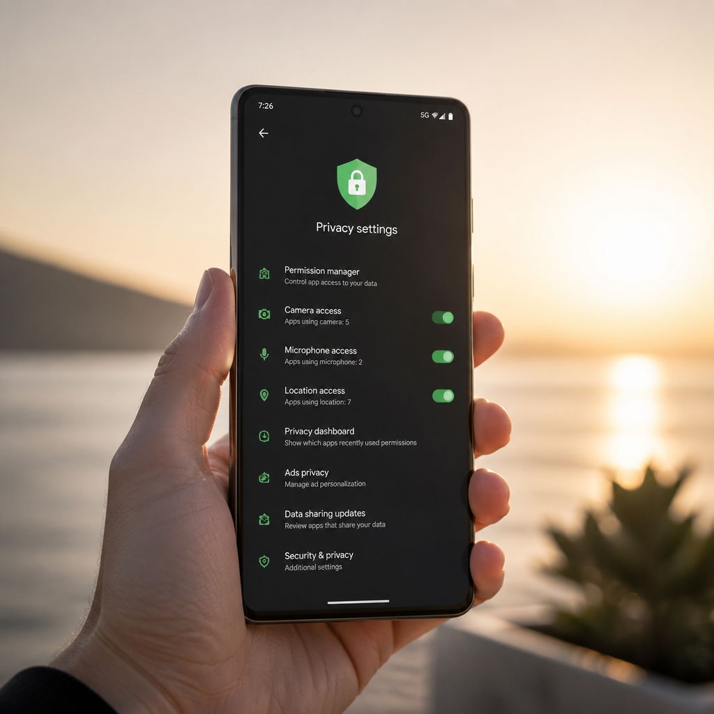 Giao diện cài đặt quyền riêng tư trên Android phiên bản mới nhất năm 2026, hiển thị các tùy chọn để tắt thu thập dữ liệu Android và quản lý quyền riêng tư.