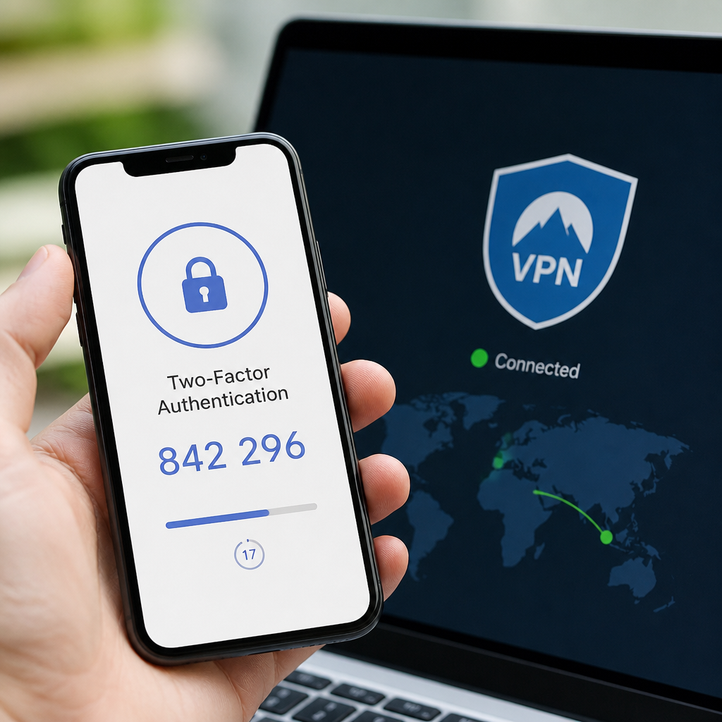Người dùng duyệt web an toàn với VPN và xác thực hai yếu tố, minh họa các lời khuyên bổ sung để tăng cường bảo mật dữ liệu cá nhân trong môi trường trực tuyến.