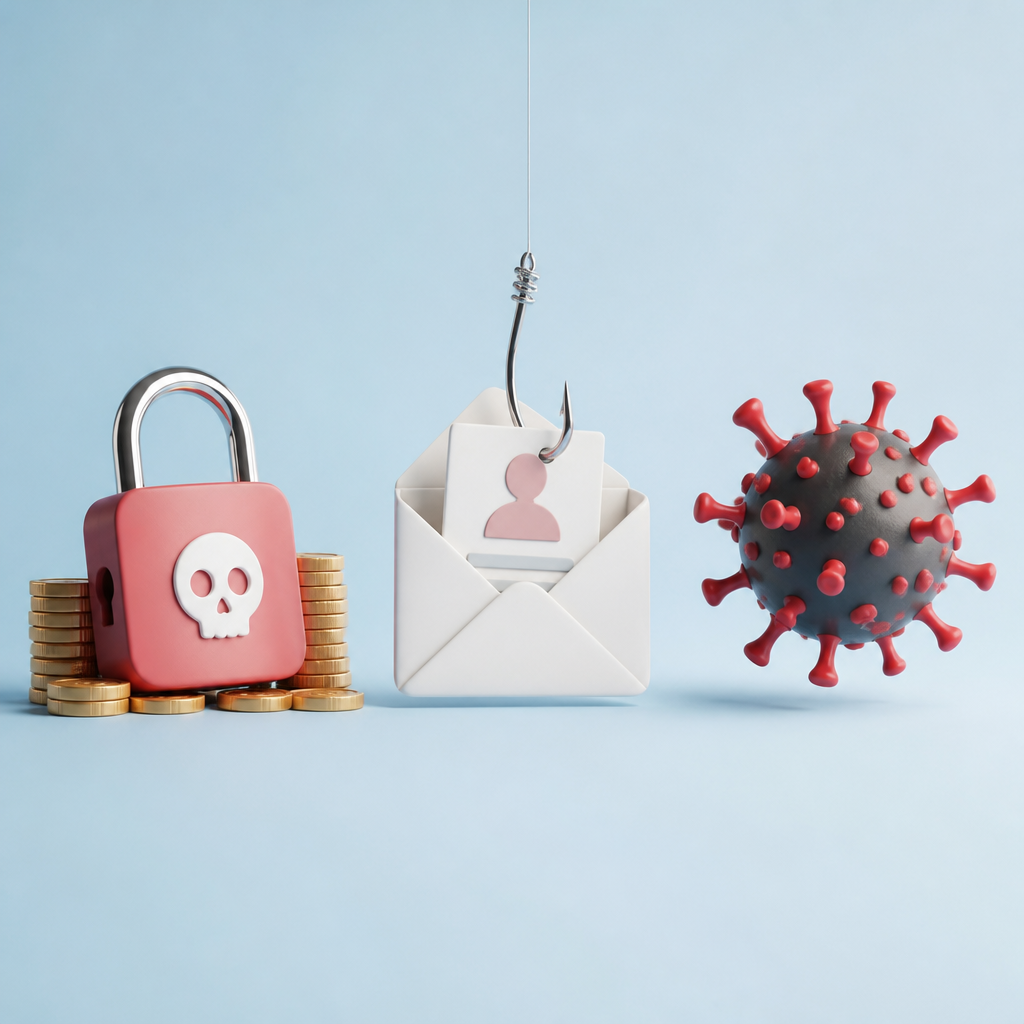 Biểu tượng ransomware và phishing trên màn hình máy tính với cảnh báo nguy hiểm