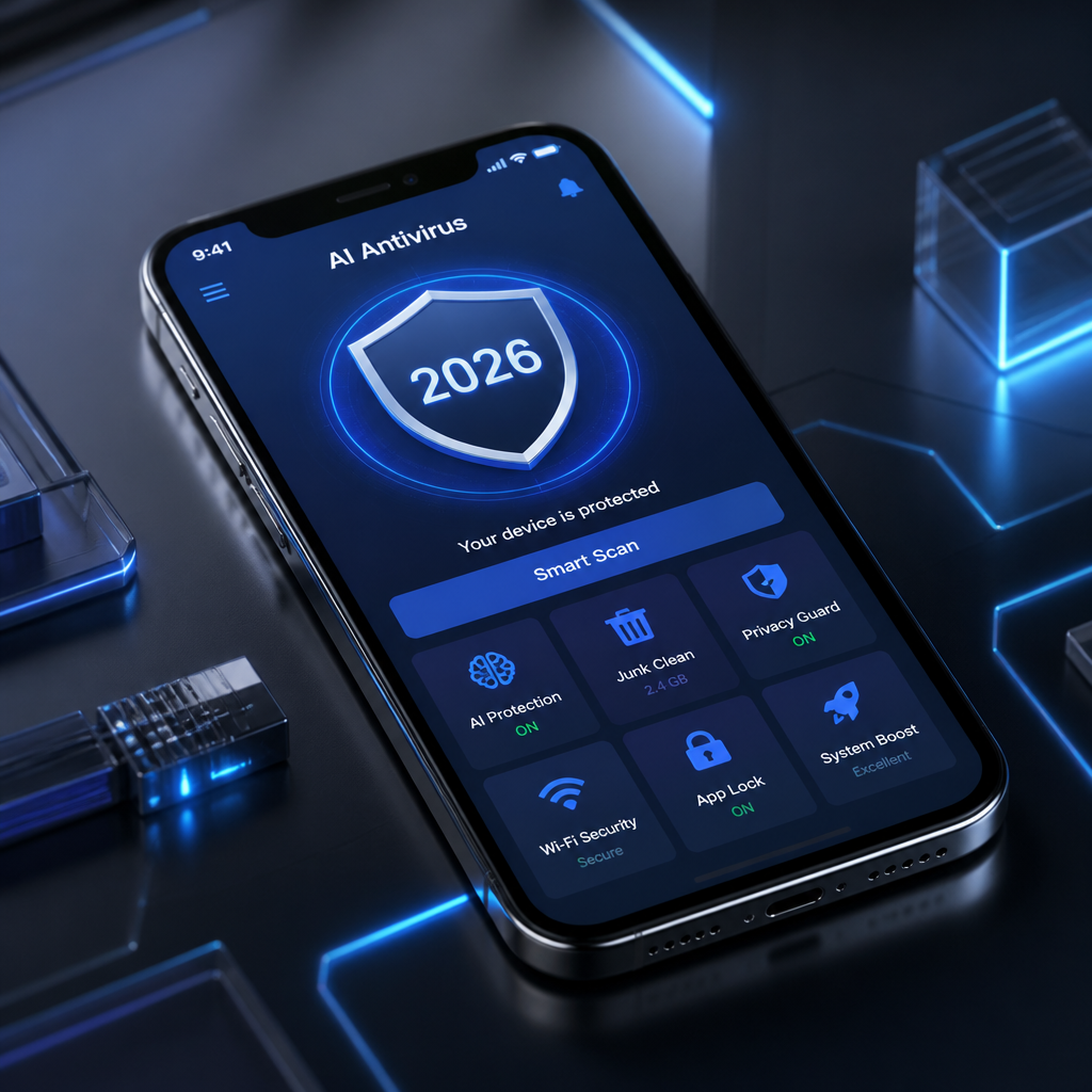 Giao diện một ứng dụng diệt virus AI thế hệ mới trên điện thoại vào năm 2026, hiển thị trạng thái bảo vệ.