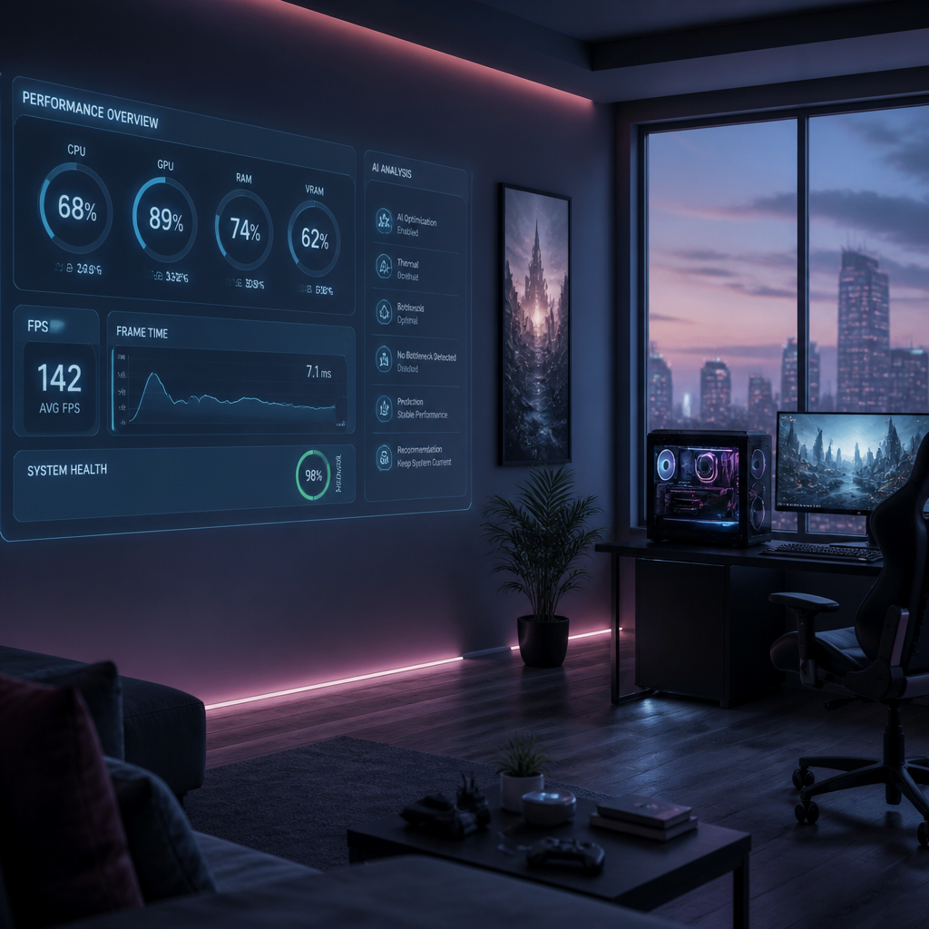 Dashboard hiệu suất game PC được tối ưu bằng AI với các chỉ số real-time