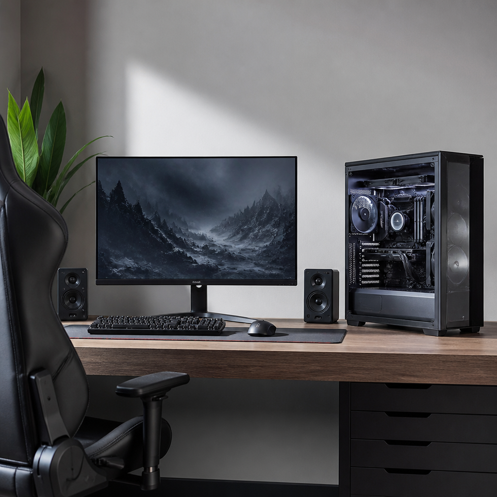 Một bộ PC chơi game hiện đại với màn hình cong và các linh kiện RGB sáng đẹp, thể hiện tầm quan trọng của việc tối ưu PC chơi game 2026.